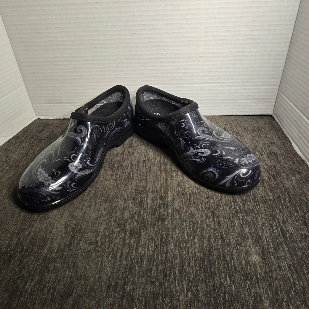 Sloggers Garden Rain Shoes Women's 6 Black Paisley Waterproof Slip On Clogs‎